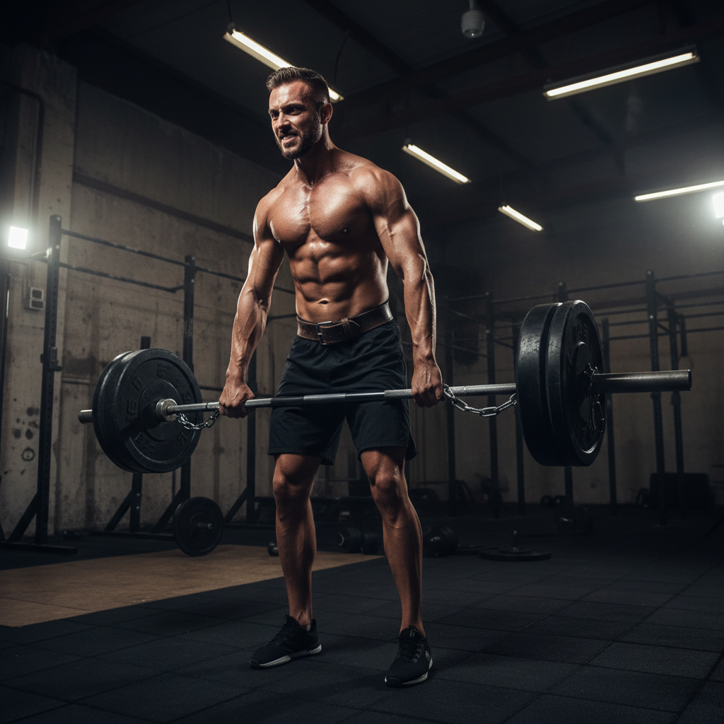 Athlete doing heavy bench press with spotter, focused gym session, dark cinematic atmosphere