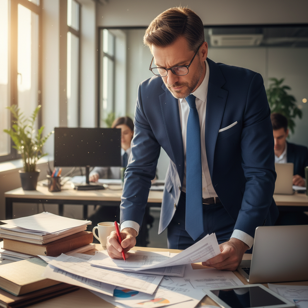 Professional man in smart casual attire sitting at a bright minimalist desk reviewing documents with focused expression in a clean home office