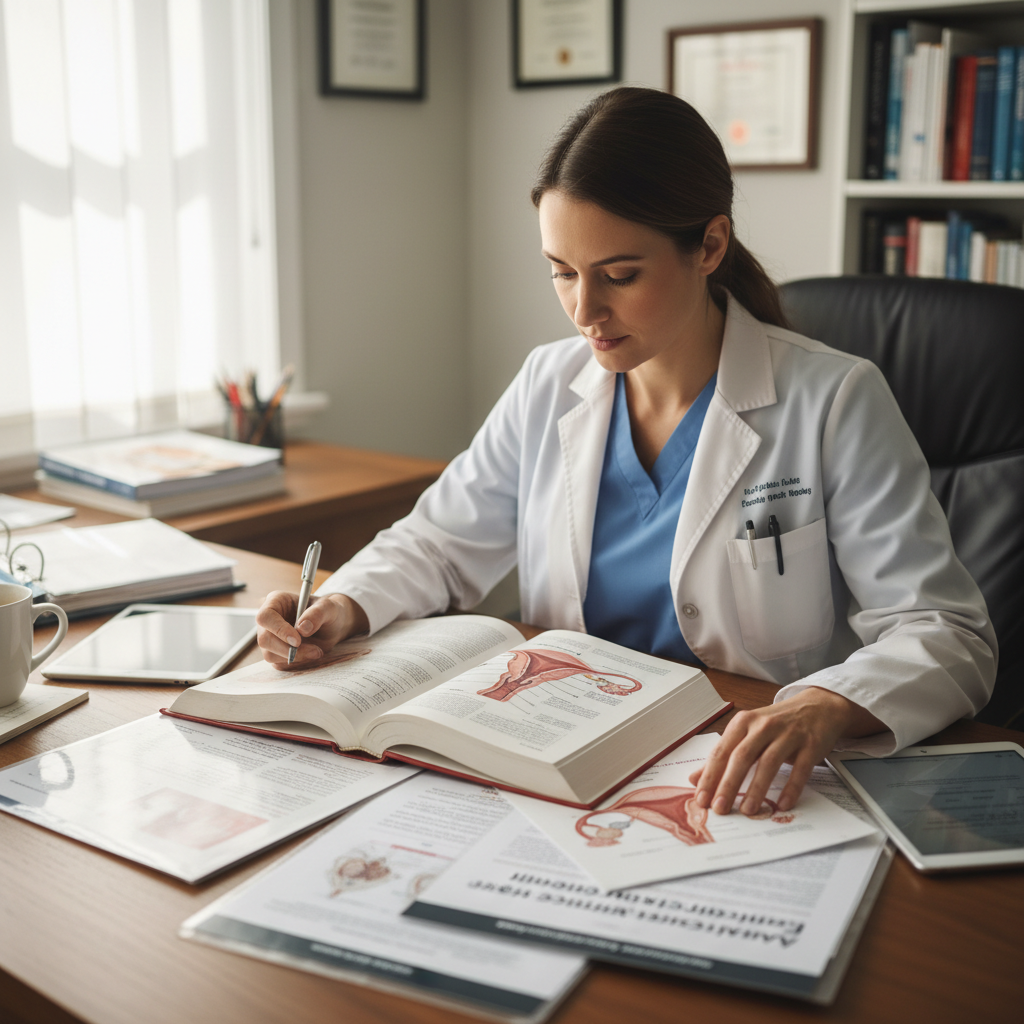 Senior academic professor reviewing medical textbooks and teaching materials