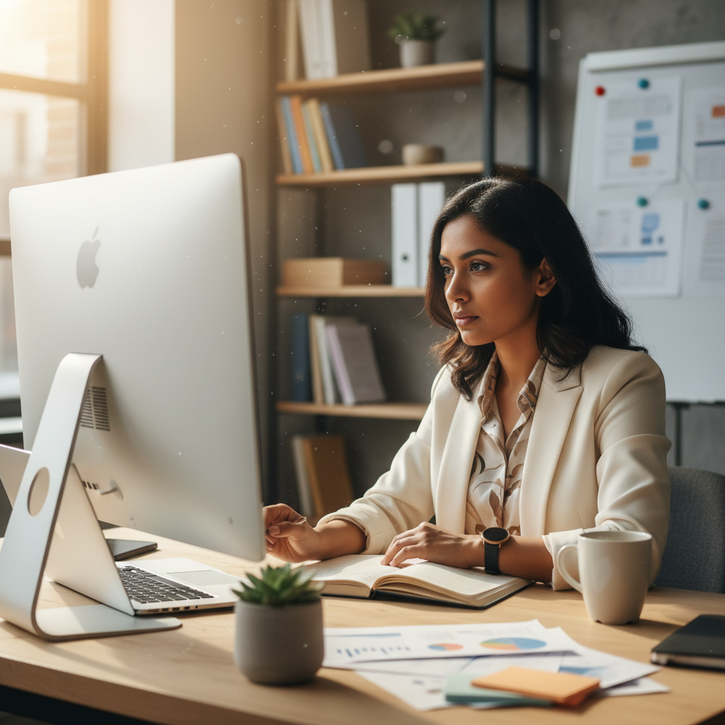 South Asian woman marketing professional working at her desk