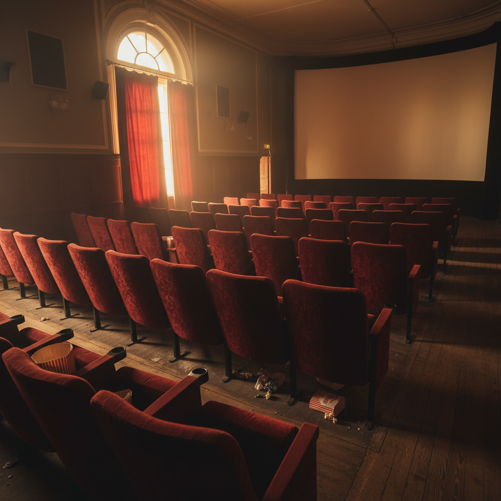 Dark cinema auditorium rows of seats with golden amber light, deep shadows, atmospheric fog