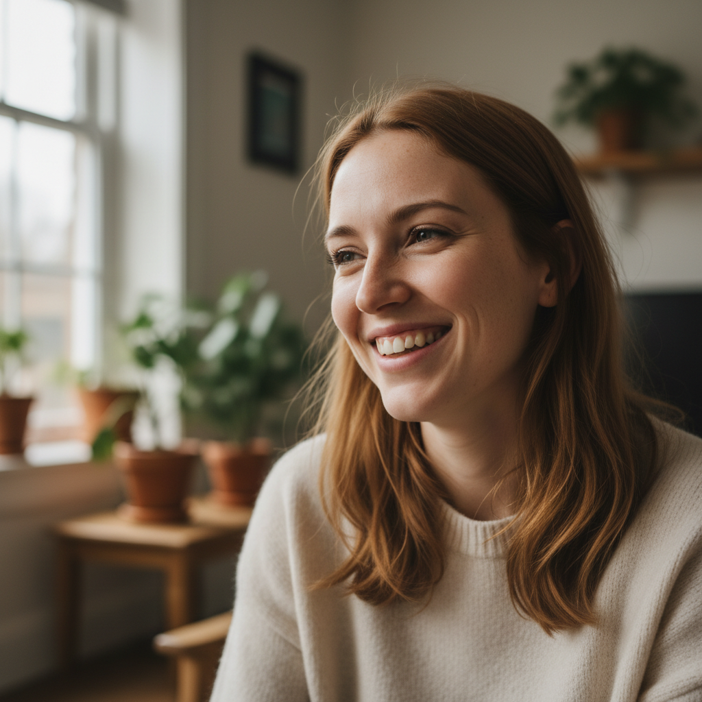 Aisha, mid-conversation, natural light, genuine smile