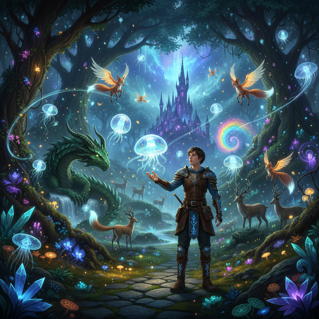 Fantasy isekai scene with a young mage boy in a magical medieval world with glowing runes
