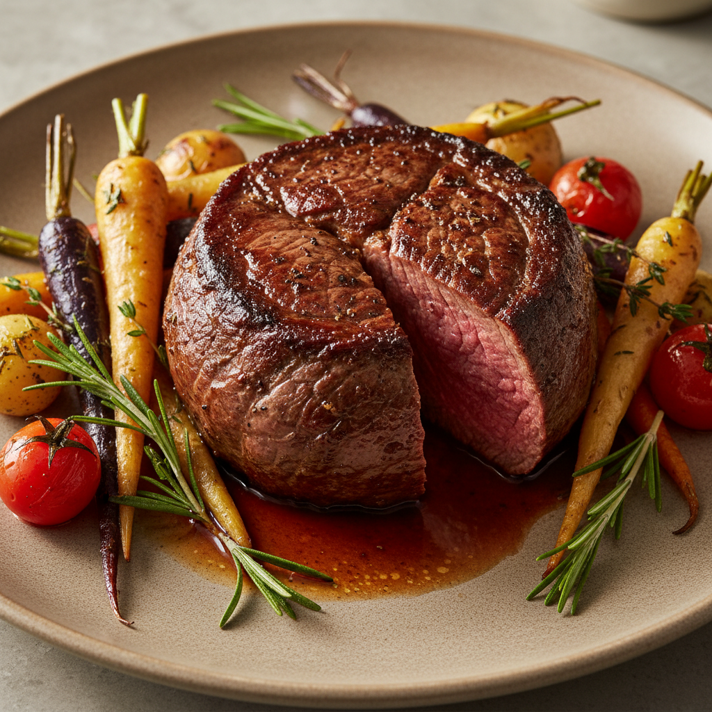 Perfectly grilled wagyu ribeye steak with caramelized crust, served with roasted vegetables