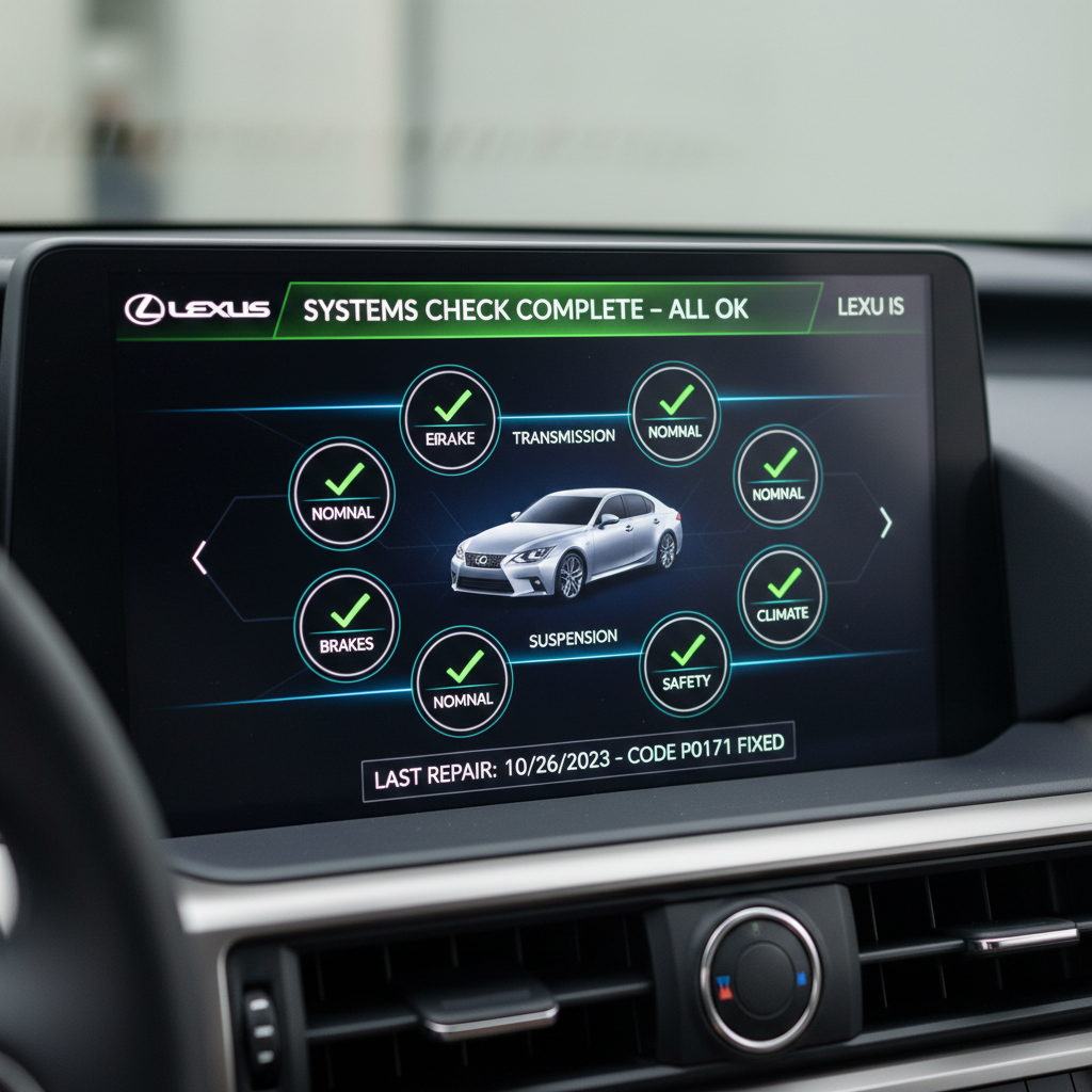 Clean diagnostic screen showing all systems nominal after Lexus IS repair