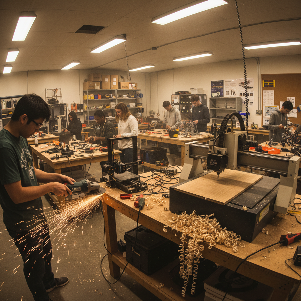 Finished maker space in full use — sparks flying from a grinder, CNC router carving wood, students working at benches under bright overhead lights
