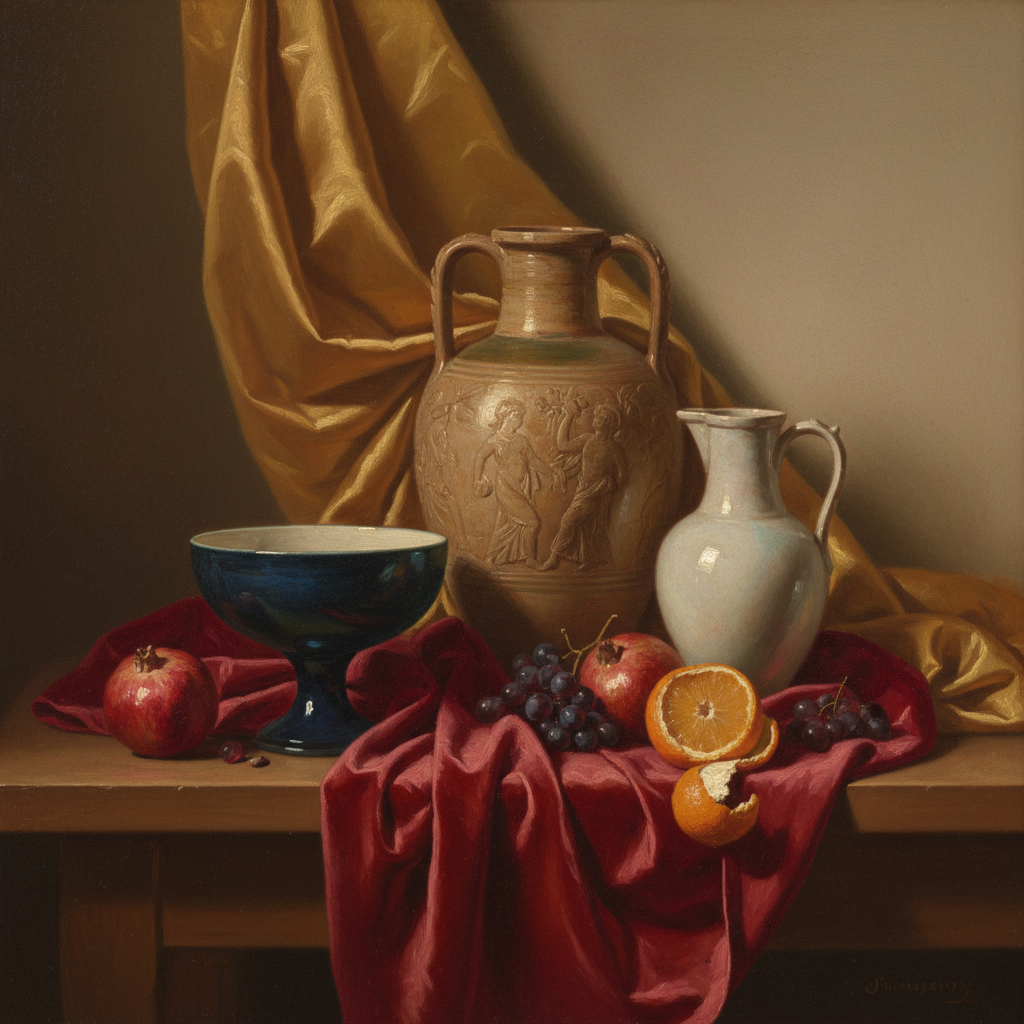 Delicate watercolour still life with ceramic vessels and dried flowers in warm dusky amber light