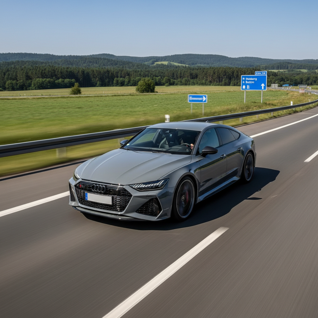 2023 Audi RS7 Sportback in grey, side view on autobahn