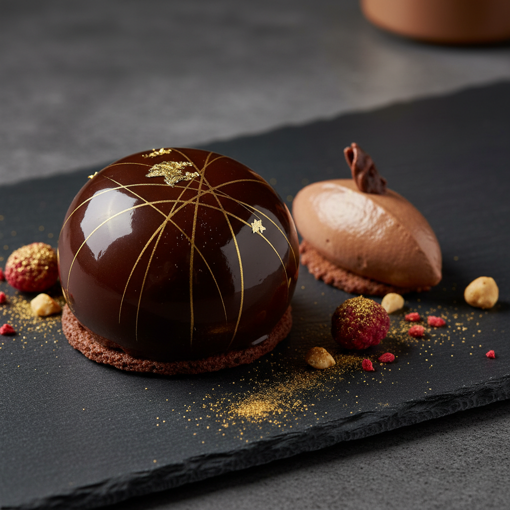 Luxurious dessert platter with chocolate fondant, cheesecake and panna cotta on dark slate