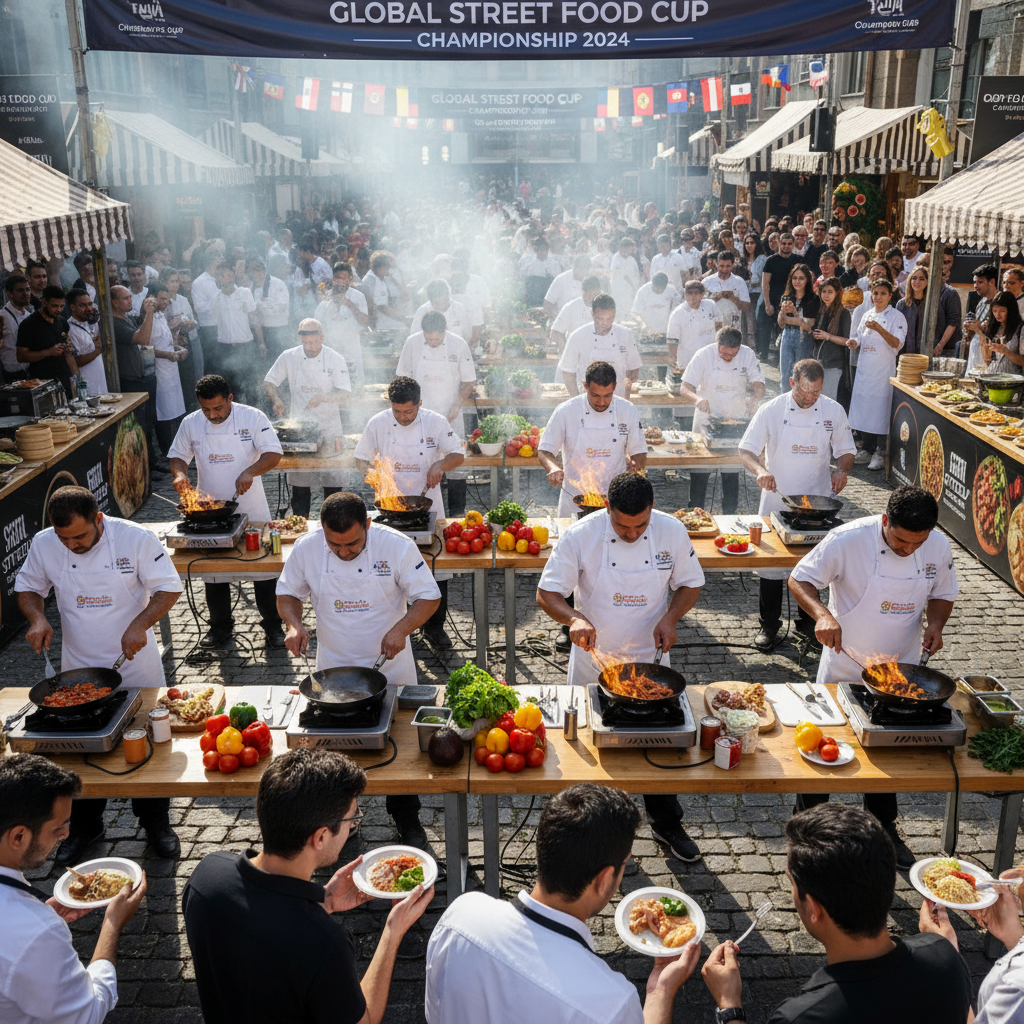 Street Food Championship with chefs competing in live cooking challenges and food tasting