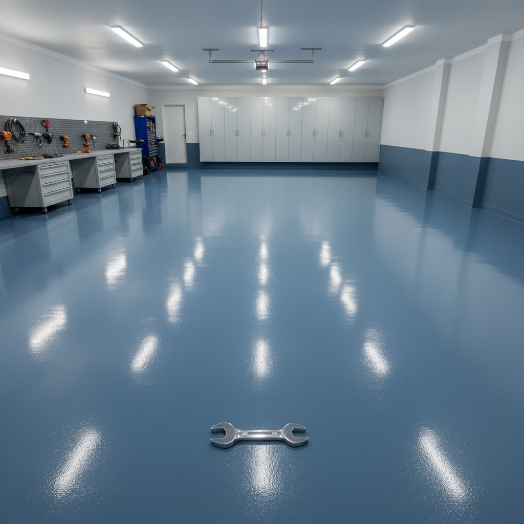 Clean finished workshop interior with smooth concrete floor, painted block walls, and bright overhead lighting