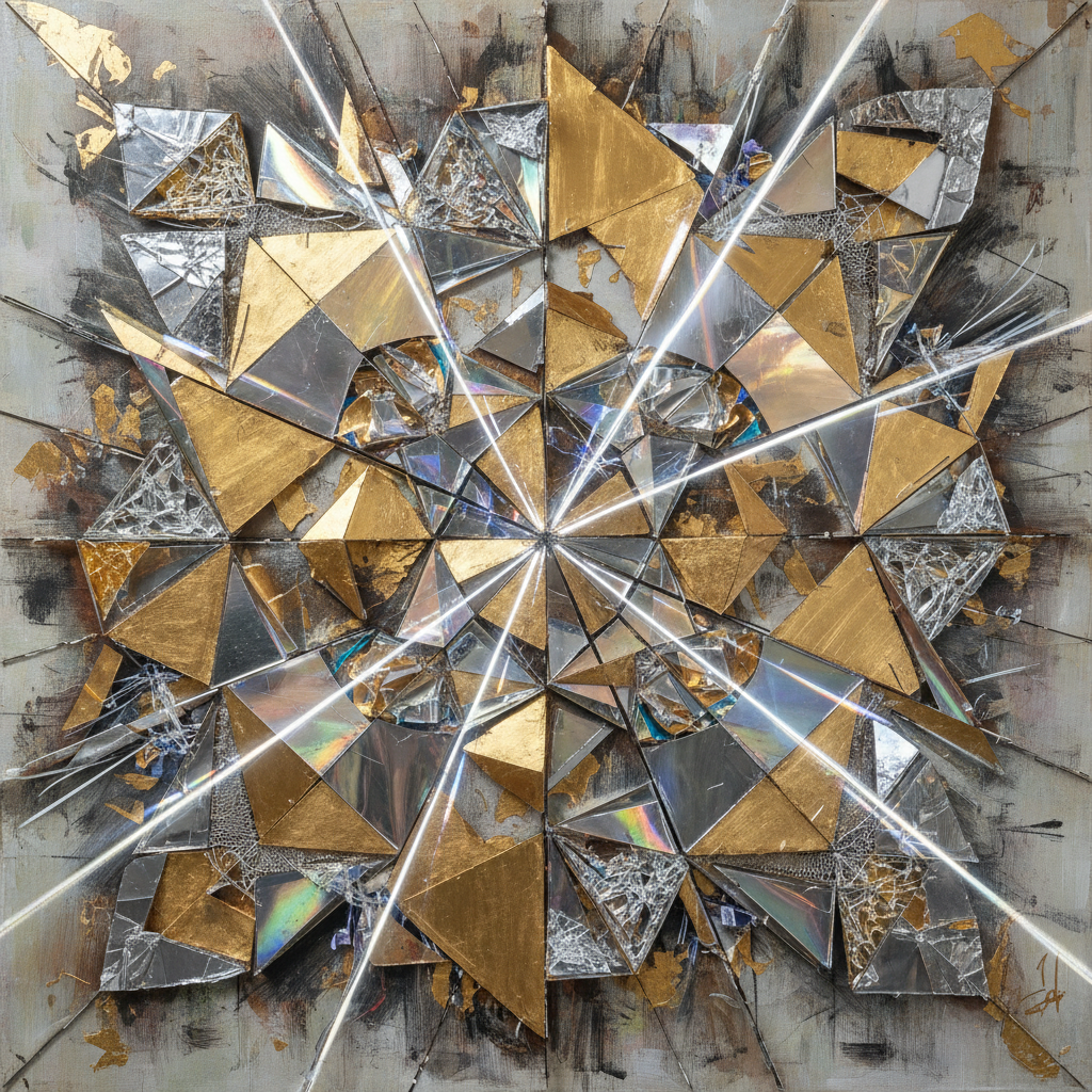 Mixed media artwork with fractured glass effect, bright geometric light patterns on dark surface