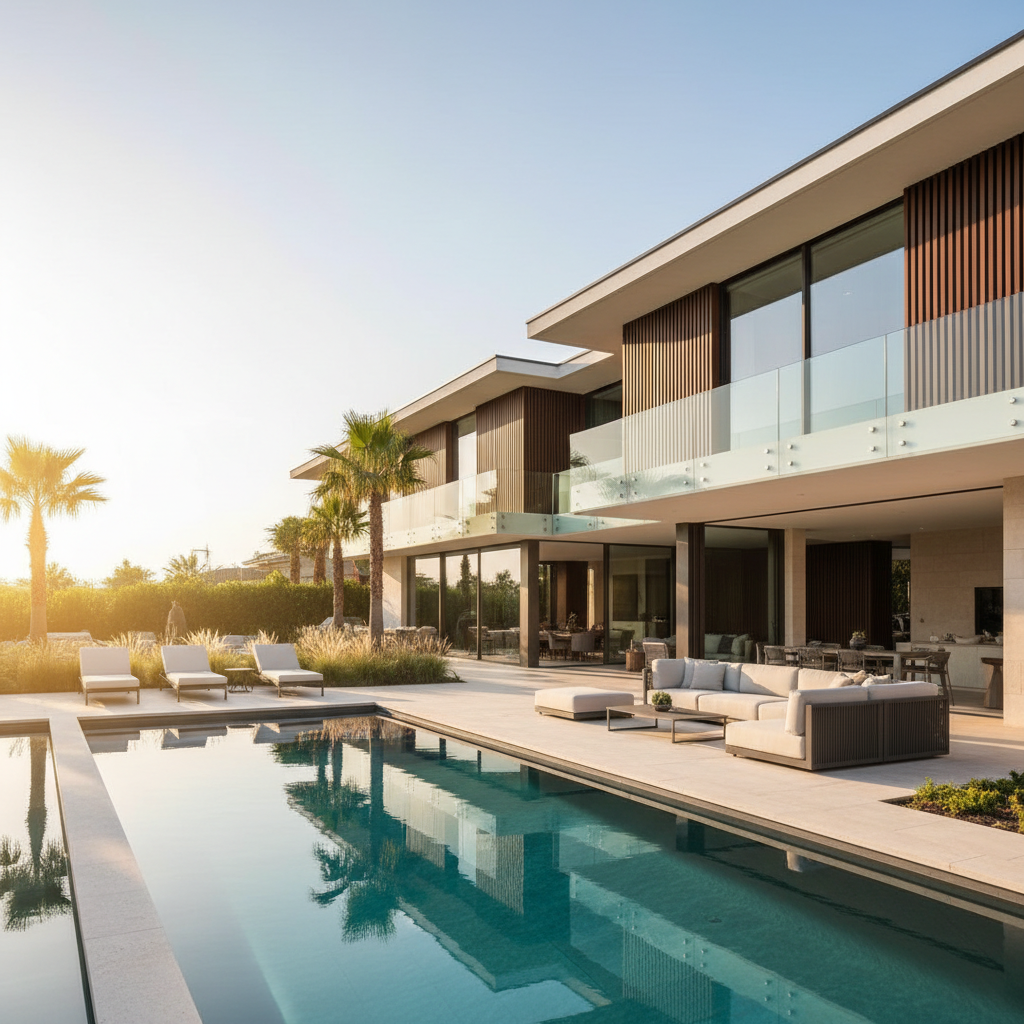 Elegant luxury home with pool and outdoor living area at sunset