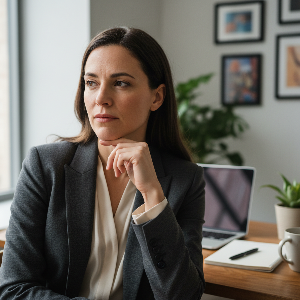 Woman in professional attire sitting thoughtfully near a window with soft natural light