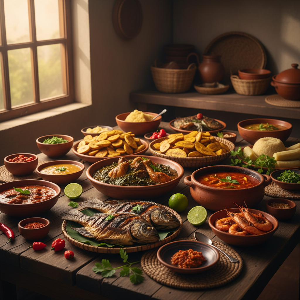 Colorful array of Caribbean dishes including jerk chicken and tropical fruits on wooden table
