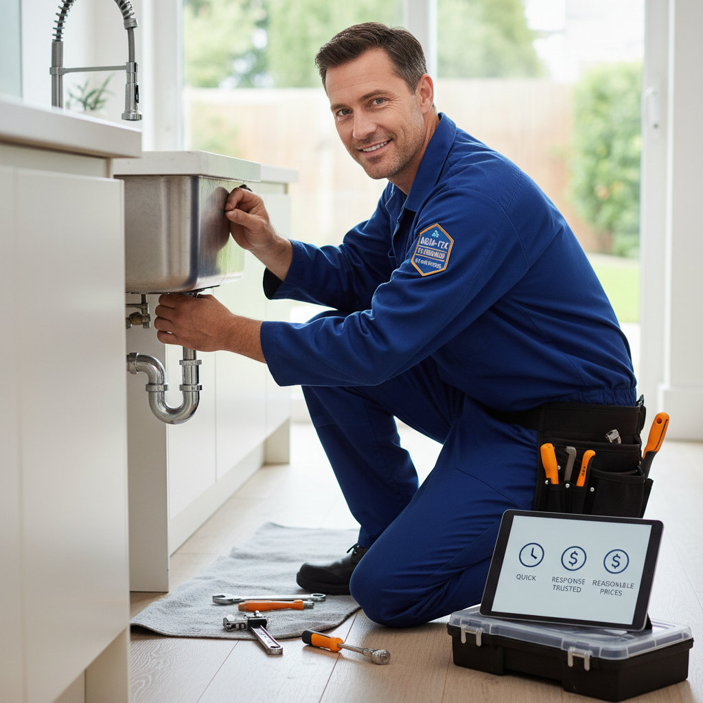James Hartley, smiling male plumber in blue workwear