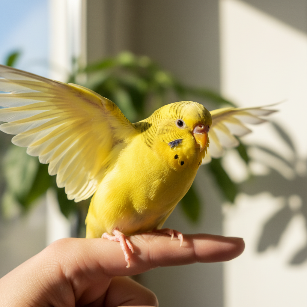 Yellow budgie perched on finger performing a trick with wings slightly spread