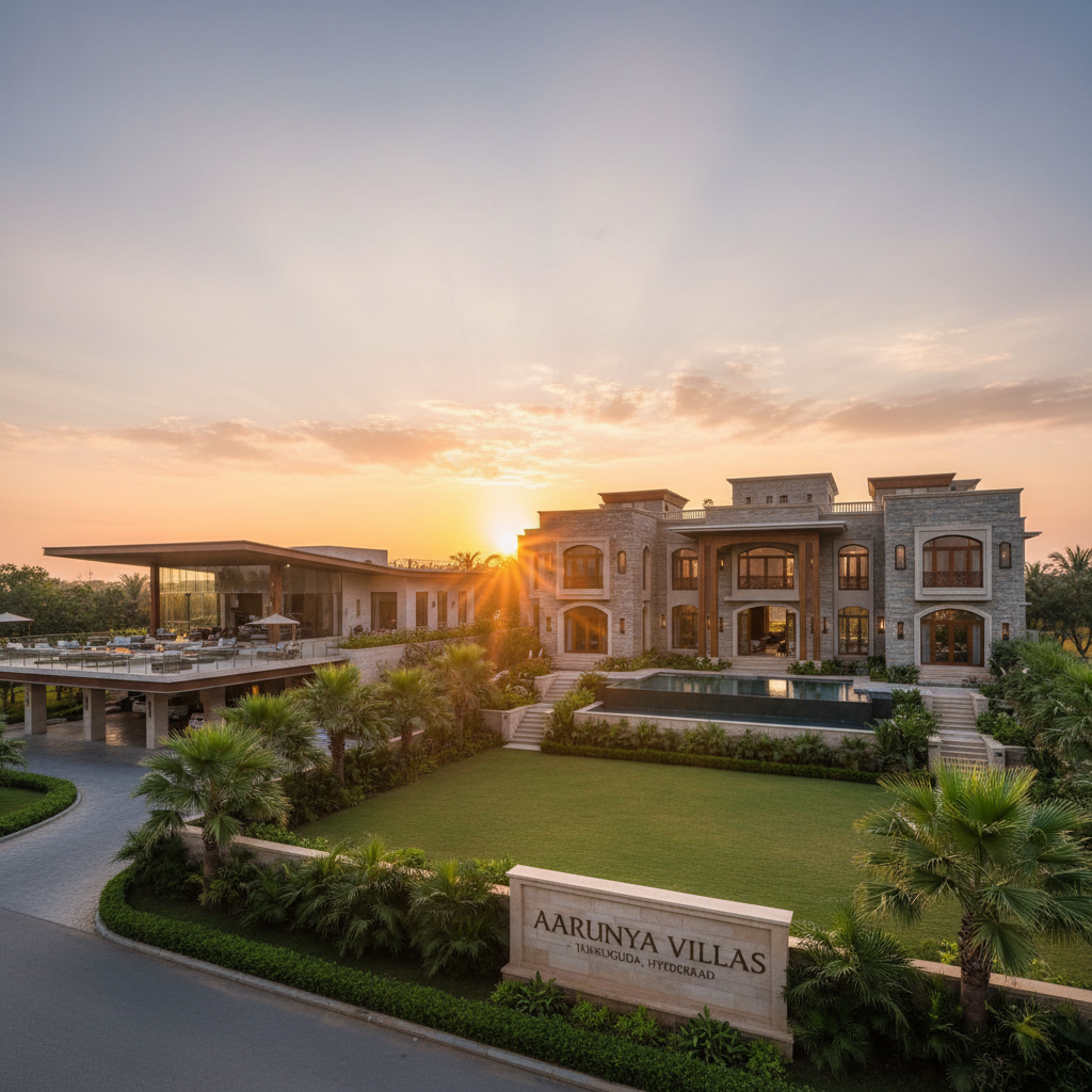 Grand luxury villa with 720 sq.yd plot, premium clubhouse access and sunrise-facing orientation in Aarunya Villas Tukkuguda Hyderabad
