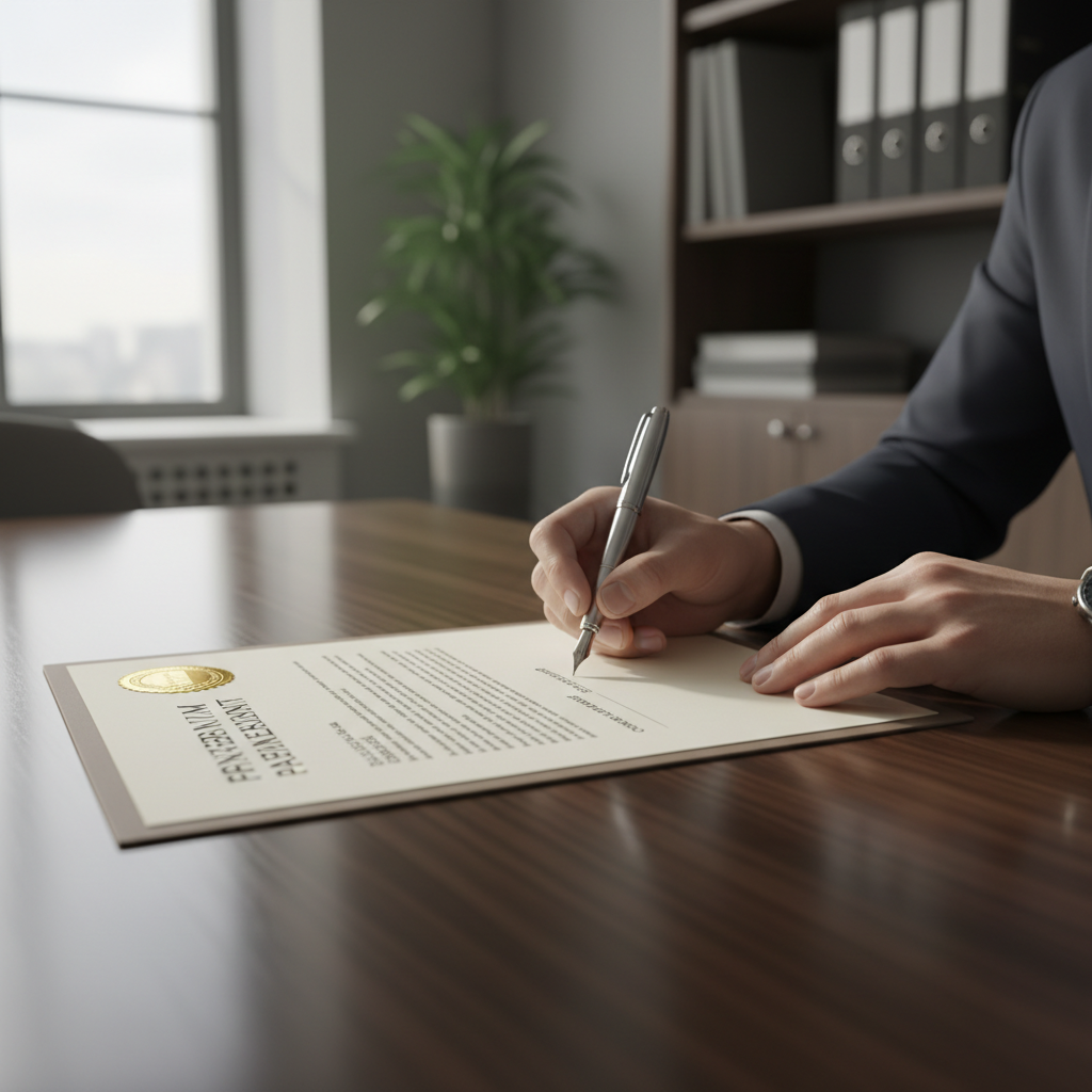 Person signing contract document with pen on desk, professional legal setting, focused close-up