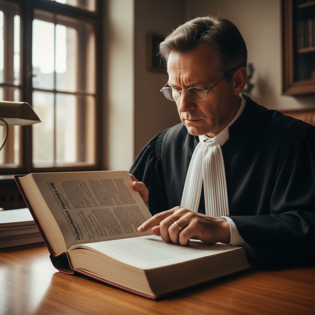 Richter liest Gesetzbuch am Schreibtisch, österreichisches Frachtrecht UGB Paragraphen