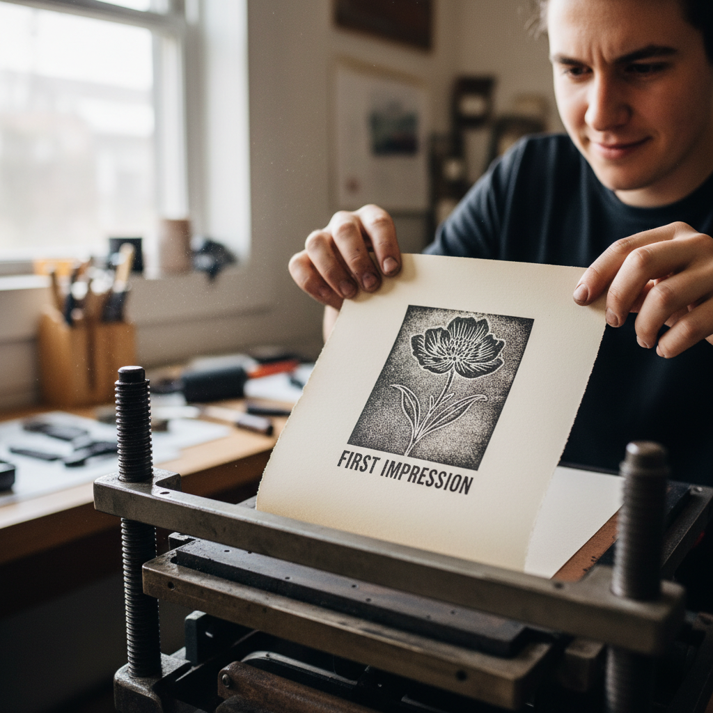 Student pulling their first print from a Vandercook proof press, lifting the paper to reveal the image