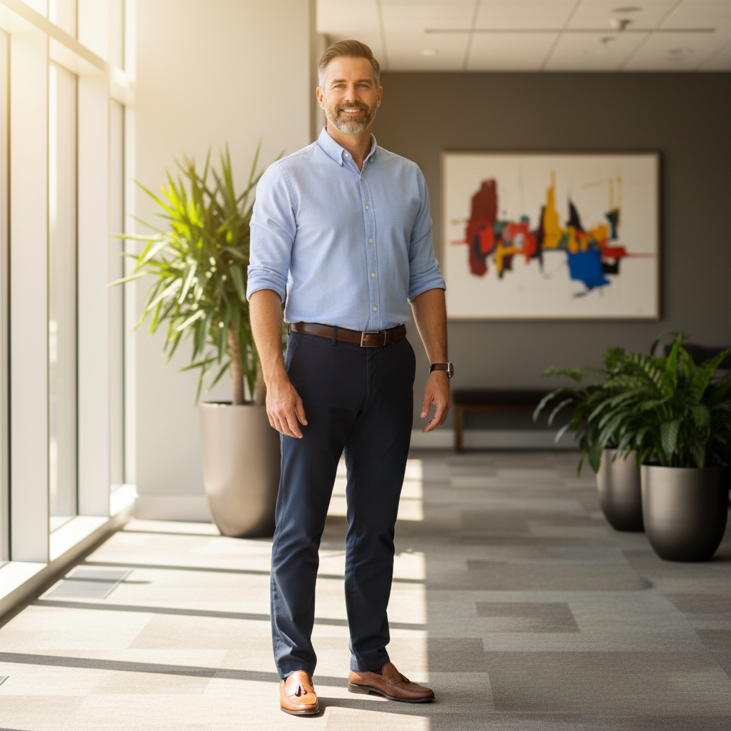 Man with glasses smiling in bright office setting