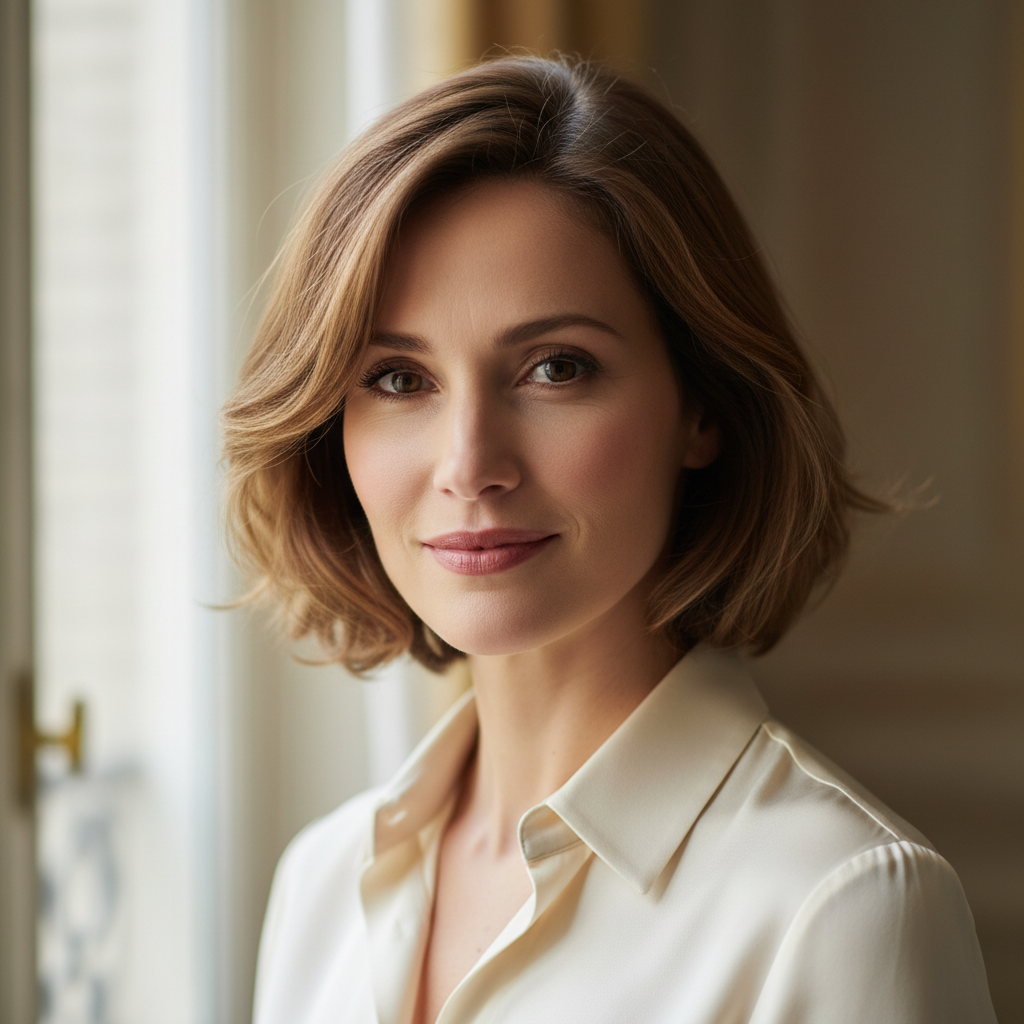 French woman with elegant makeup and blonde hair in soft studio light