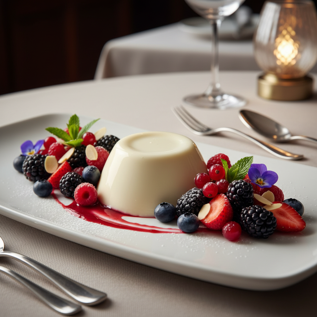 Panna cotta on a plate with blueberry compote and candied lemon peel