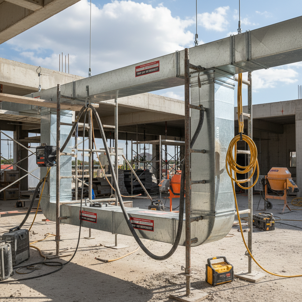 Canaletas galvanizadas instaladas en obra para distribución eléctrica temporal