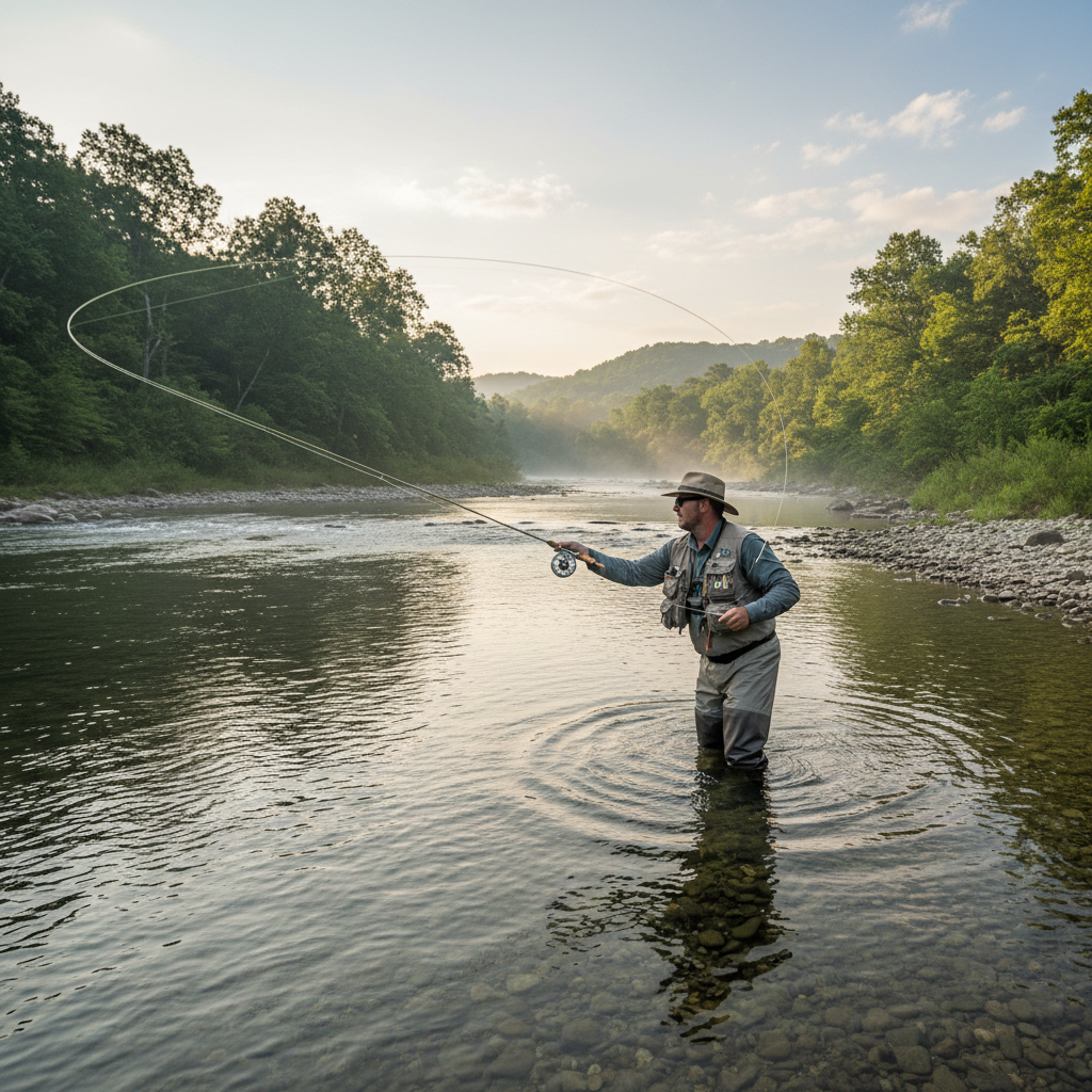 Fly fisherman wading in Little Red River during morning half day trip