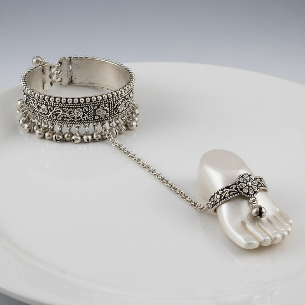 Silver toe rings and anklets on natural stone background with traditional Indian motifs
