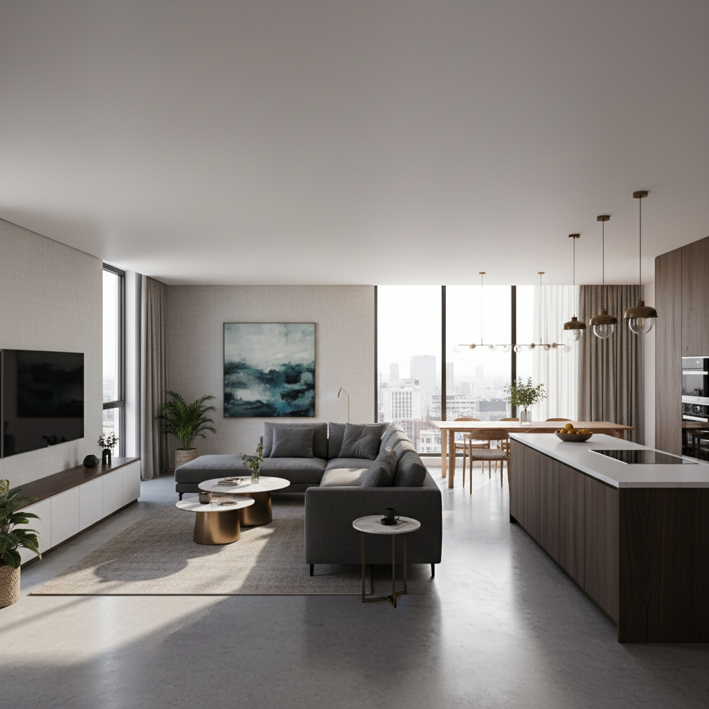 Modern city apartment interior in Sofia Bulgaria with contemporary design and city views