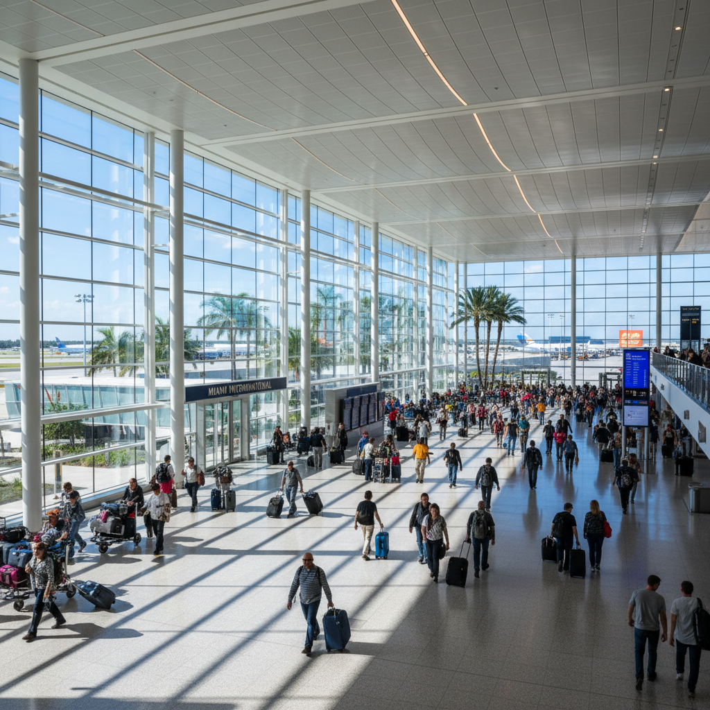 Airport terminal interior with bright natural light, departure gates and travelers walking