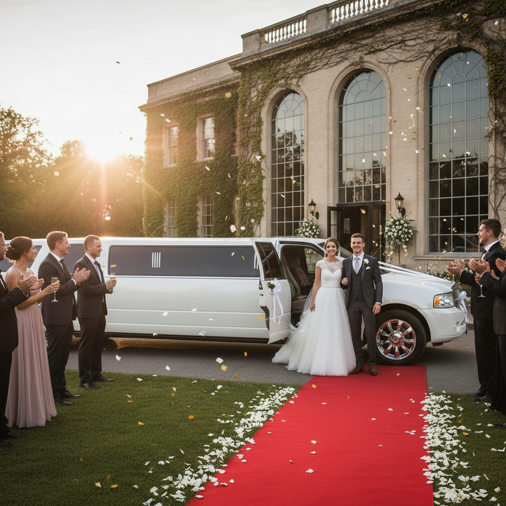 Wedding package showing a pink Hummer stretch limousine decorated for a wedding