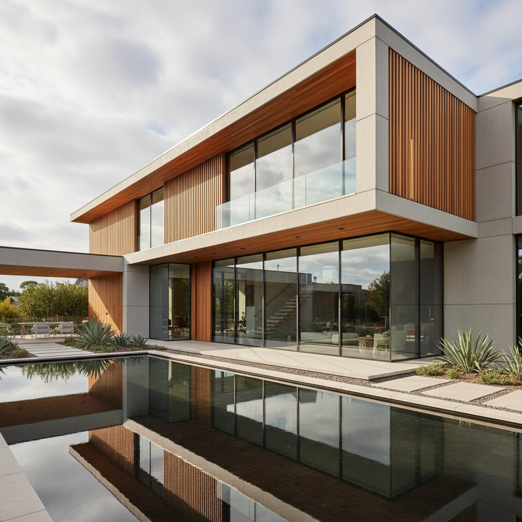 Luxury custom home under construction in California with sophisticated wood framing and large architectural window openings