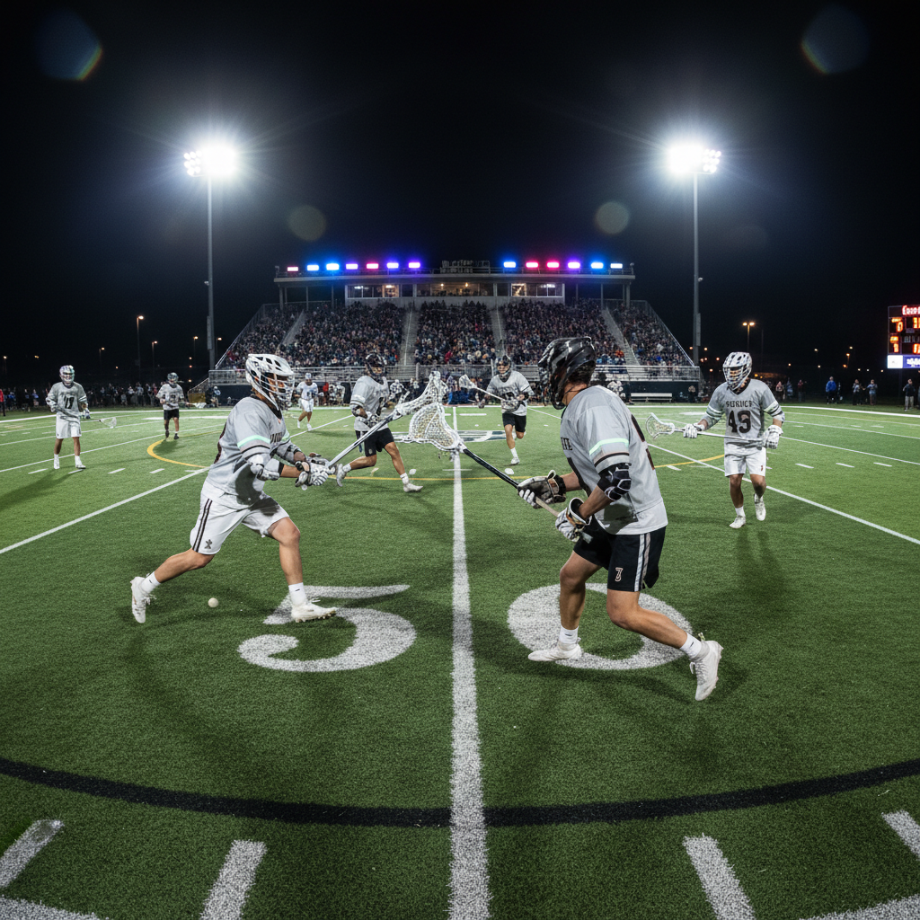 Lacrosse players in a face-off clamp on turf field under stadium floodlights at night