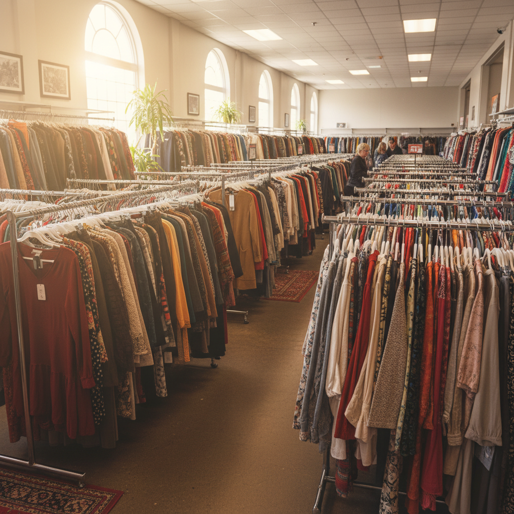 Thrift store clothing racks viewed from the shopper perspective