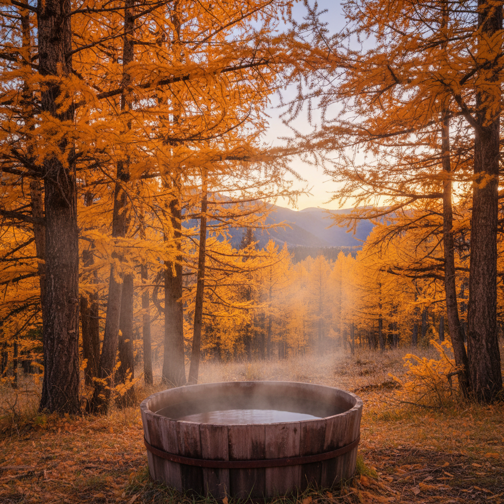 Golden larch trees at autumn dusk with steam rising from an outdoor cedar soaking tub