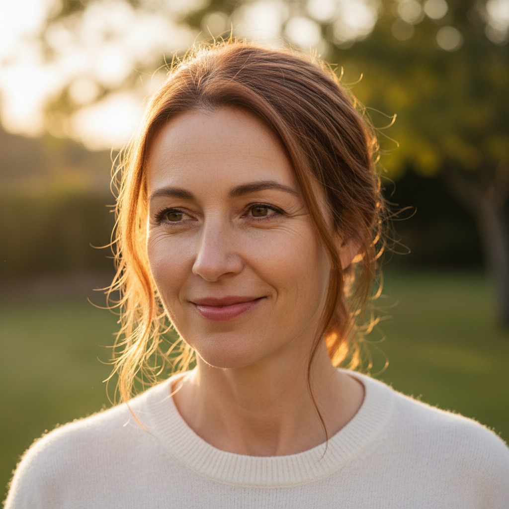 Woman in her forties with graceful, natural-looking facial features in warm morning light