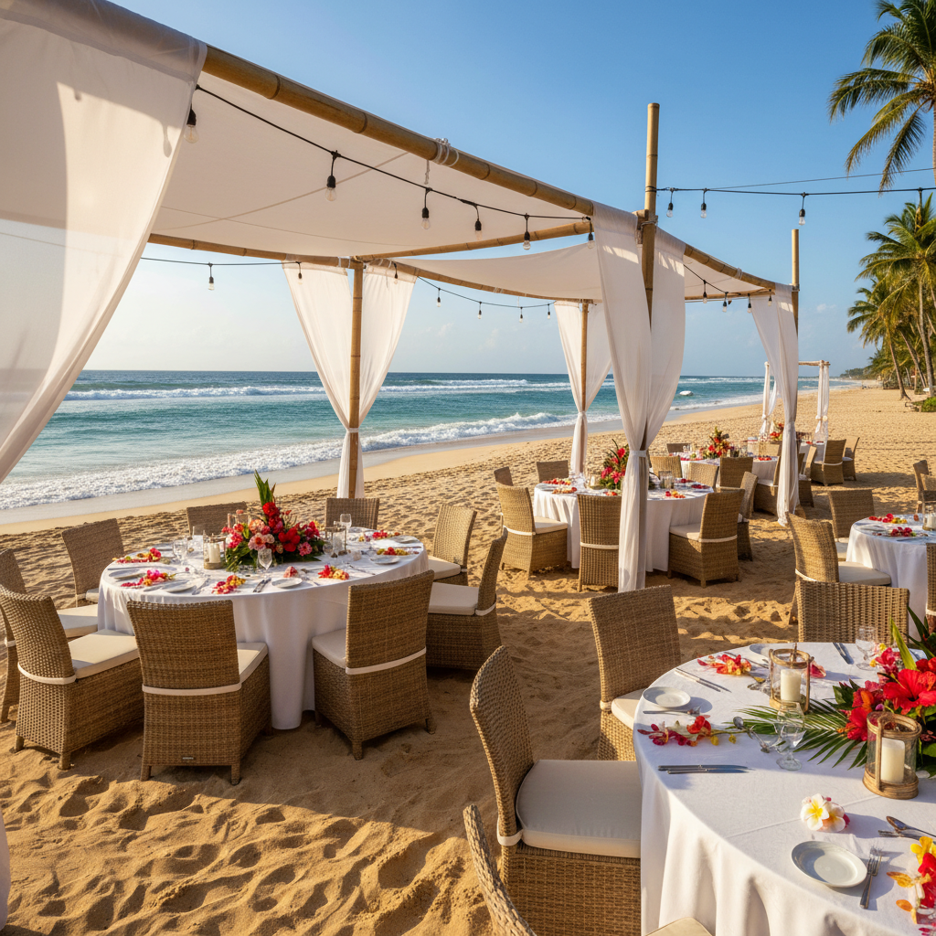 Glass lanterns swaying in the sea breeze above a candlelit reception