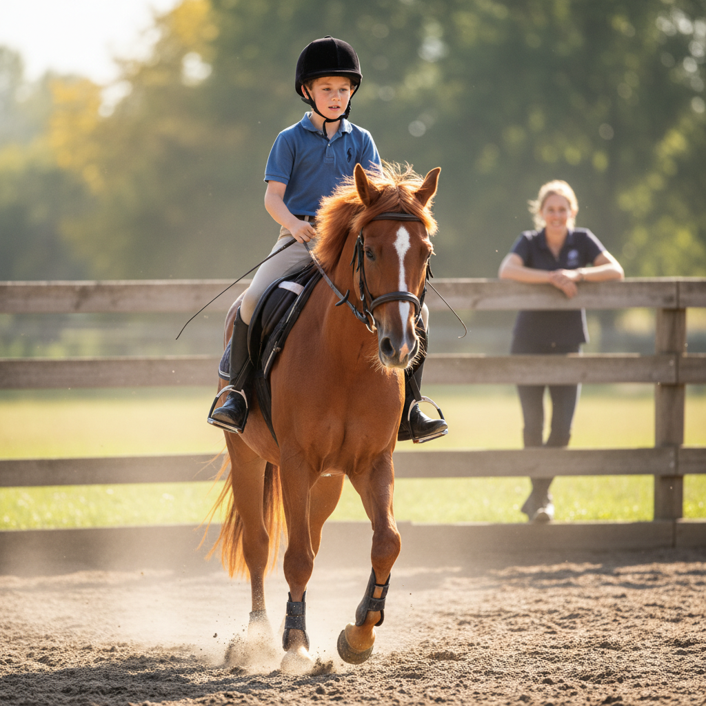 Young boy in a riding helmet posting to the trot in an outdoor arena, instructor watching from the fence