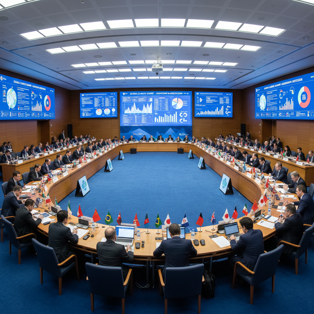 Bright international conference room with delegates in natural daylight, flags of multiple nations, open airy atmosphere