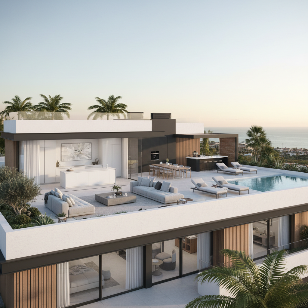 Luxury penthouse rooftop terrace with infinity pool, panoramic view of coastline at sunset, warm lighting