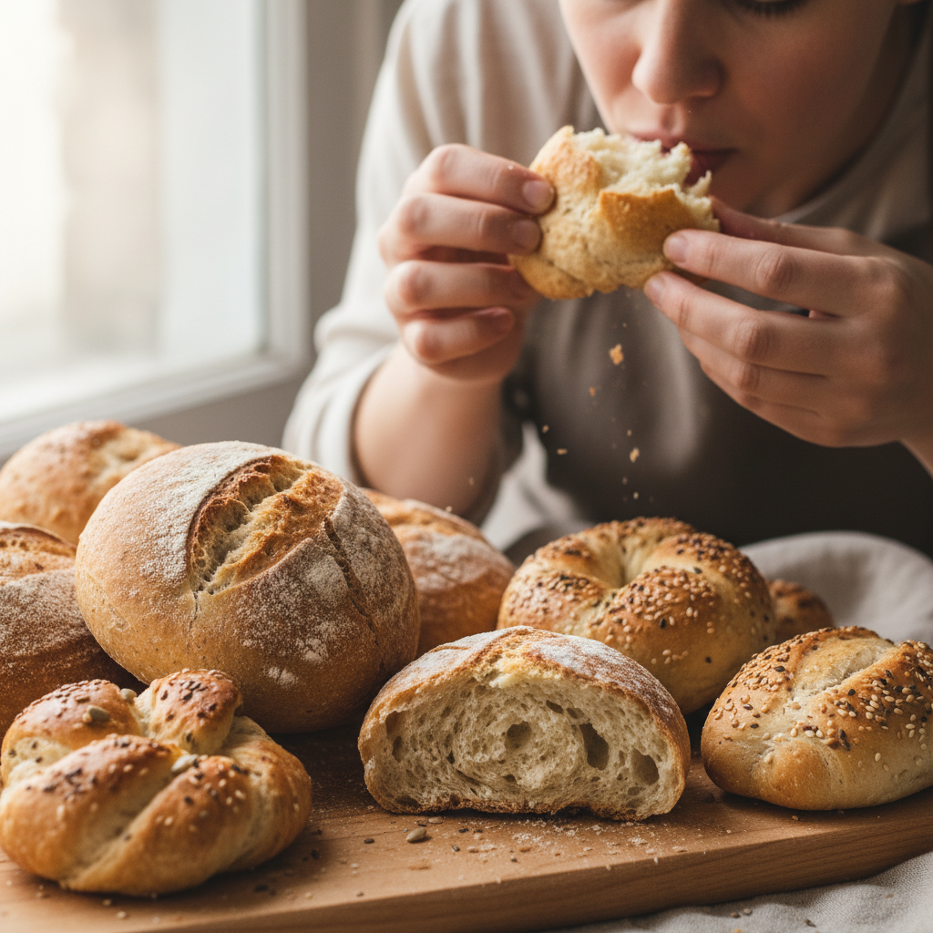 Frische Brötchen und Backwaren auf einem Holzbrett – Qualitätskontrolle durch Verkosten