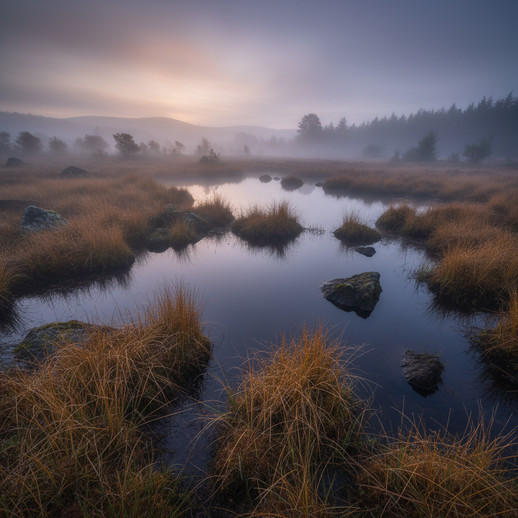 Misty Irish bog at dawn with fog rolling over dark water and reeds