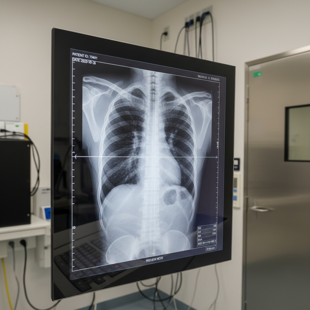 Medical imaging screen displaying chest X-ray in dimly lit hospital radiology room