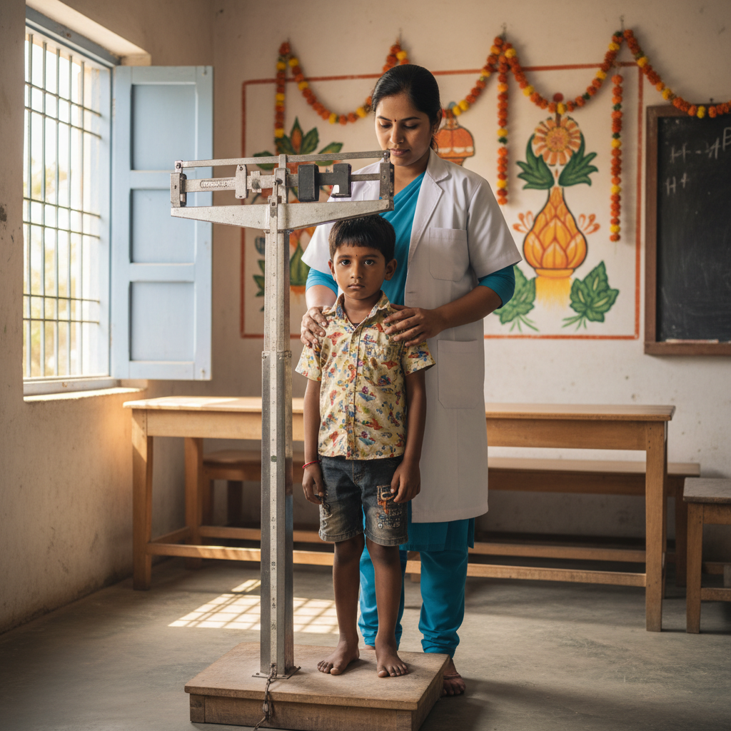 Indian community health camp with medical staff helping children and families