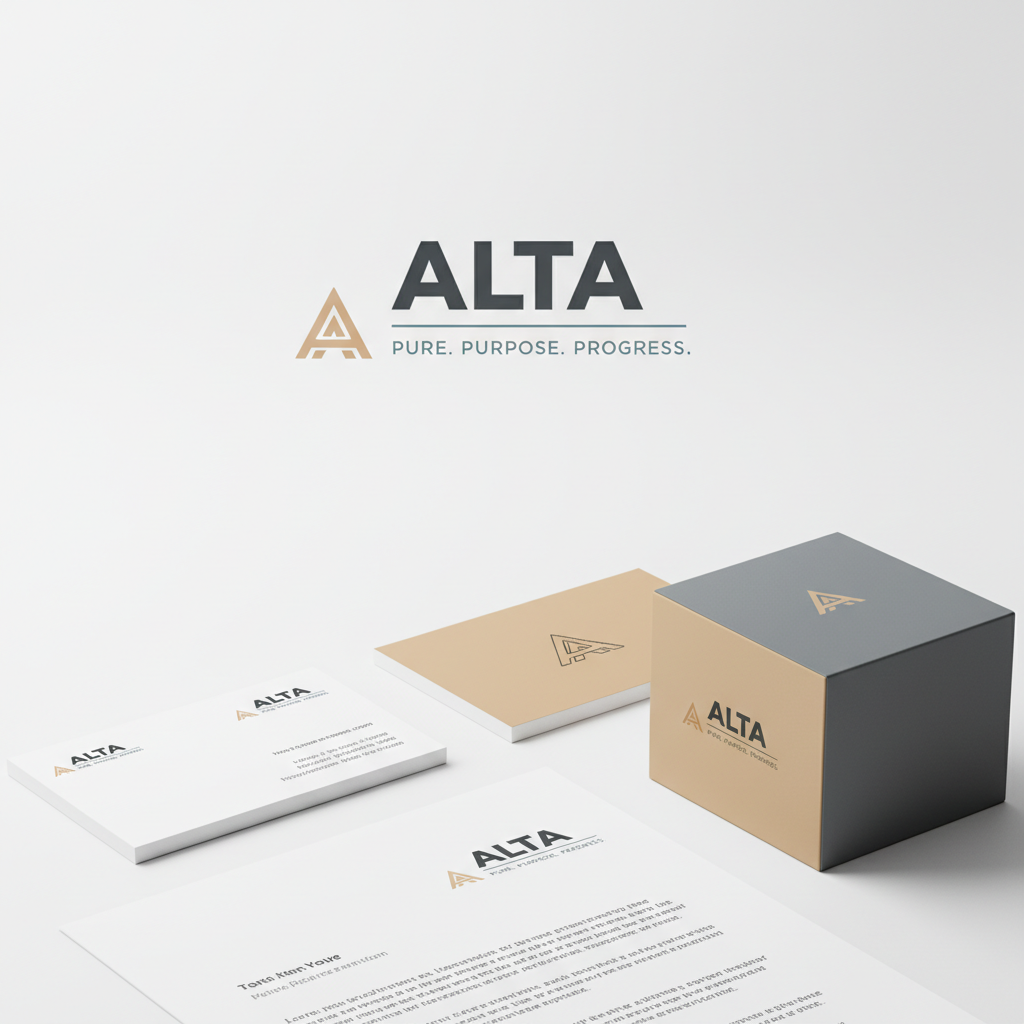 Clean brand identity design with bold typography on white background, bright studio lighting