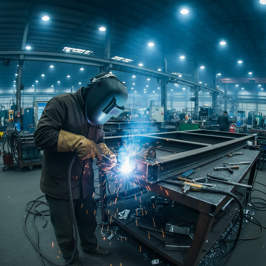 Welder in protective gear welding steel conveyor frame components in a fabrication shop