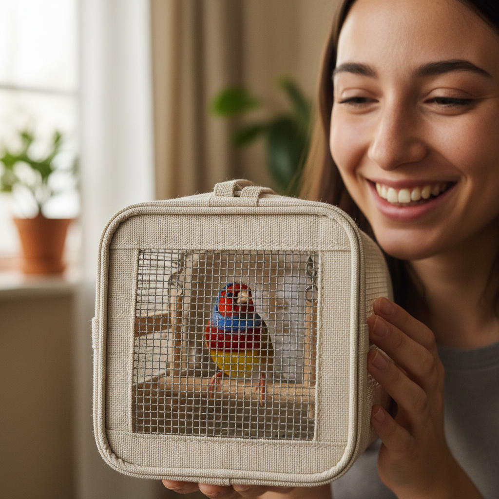 Happy person holding a bird carrier with a small colorful finch visible through the mesh door